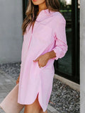 Woochic mi-longue blouse robe coton boutonnage avec poches manches longues femme casual