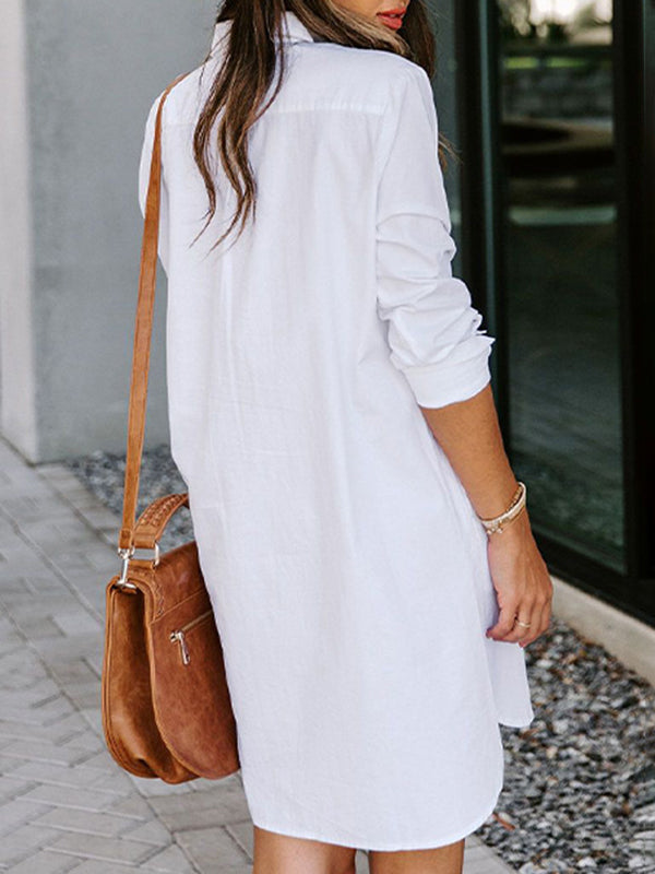 Woochic mi-longue blouse robe coton boutonnage avec poches manches longues femme casual