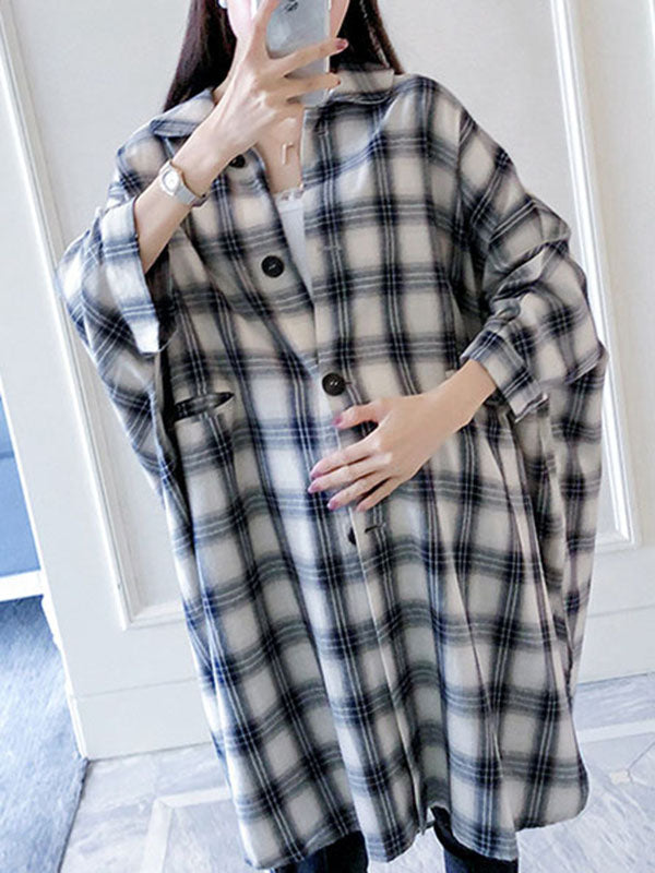 Woochic mi-longue blouse robe coton carreaux boutonnage col revers femme lâche chemisier