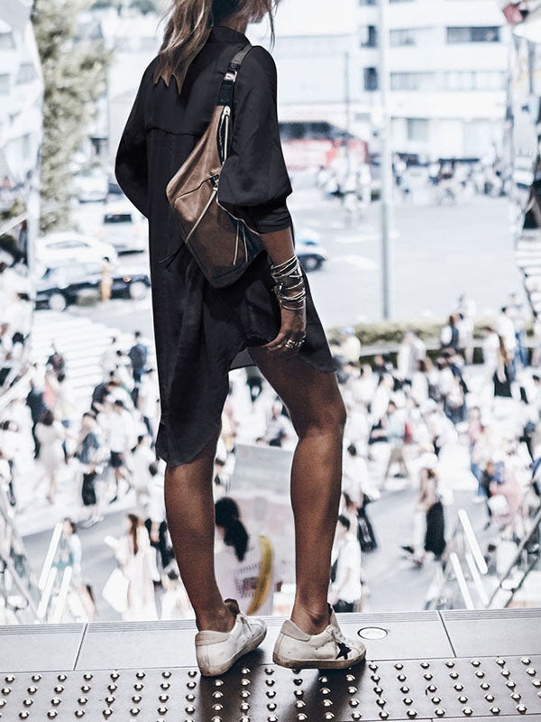 Woochic mi-longue blouse robe en lin boho boutonnage avec poches manches longues femme casual chemisier