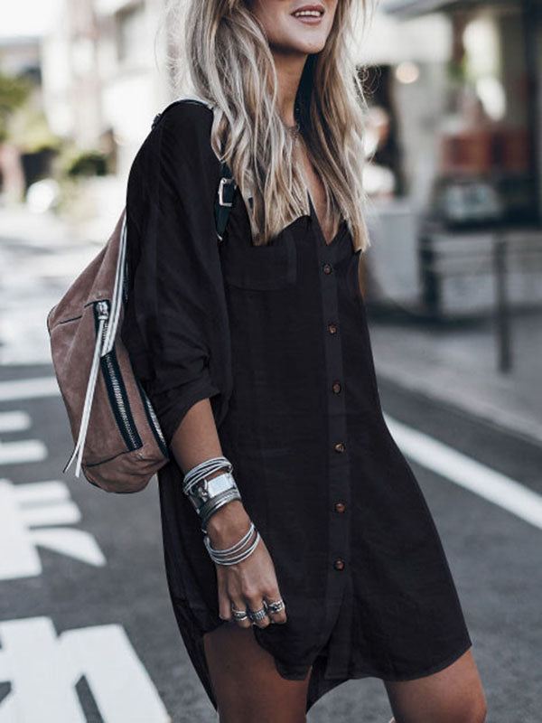 Woochic mi-longue blouse robe en lin boho boutonnage avec poches manches longues femme casual chemisier Noir ONESIZE