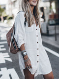 Woochic mi-longue blouse robe en lin boho boutonnage avec poches manches longues femme casual chemisier Blanche ONESIZE