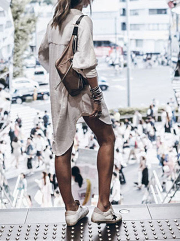 Woochic mi-longue blouse robe en lin boho boutonnage avec poches manches longues femme casual chemisier
