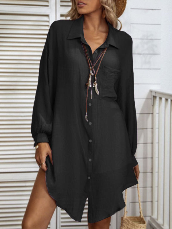 Woochic mi-longue blouse robe oversized boutonnage manches bishop femme casual chemisier Noir S