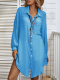 Woochic mi-longue blouse robe oversized boutonnage manches bishop femme casual chemisier Bleu S