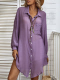 Woochic mi-longue blouse robe oversized boutonnage manches bishop femme casual chemisier Violet S