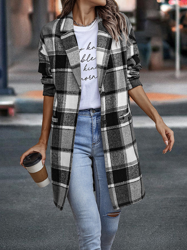 Woochic mi-longue manteau en laine carreaux avec poches femme surchemise casual