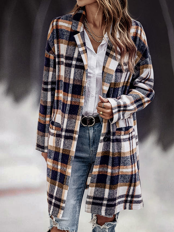 Woochic mi-longue manteau en laine carreaux avec poches femme surchemise casual Marron S
