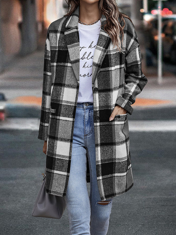 Woochic mi-longue manteau en laine carreaux avec poches femme surchemise casual Gris S