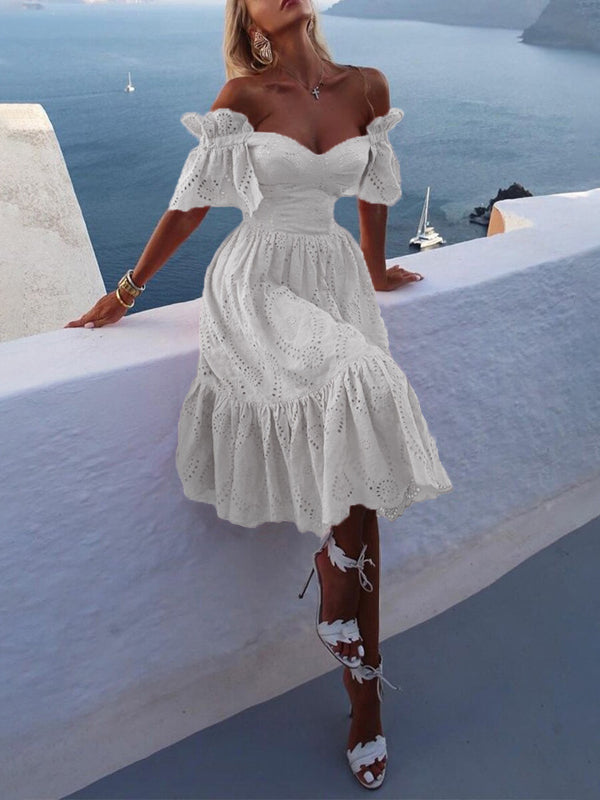 Woochic mi-longue robe avec évider dos nu col bateau élégant cocktail