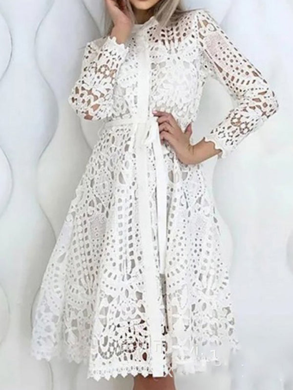 Woochic mi-longue robe broderie anglaise ceinture boutonnage élégant bal de promo blanche chemisier robe Blanche S