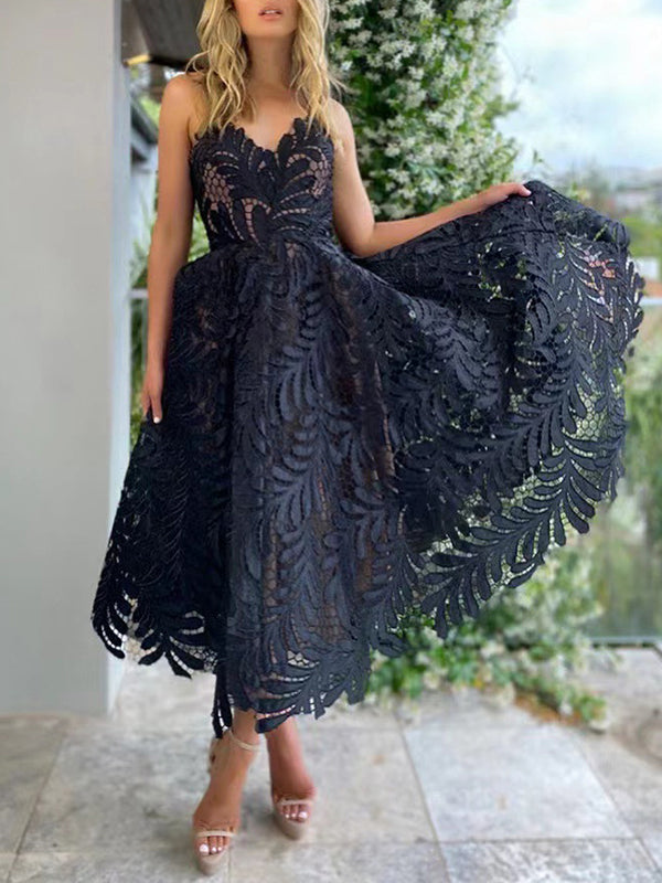 Woochic mi-longue robe bustier trapèze broderie anglaise dos nu sans manches élégant de fete Noir S
