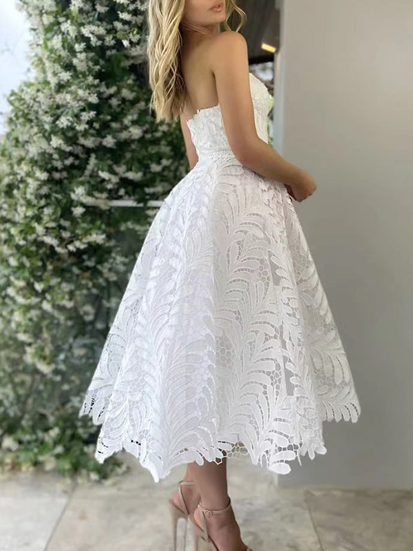 Woochic mi-longue robe bustier trapèze broderie anglaise dos nu sans manches élégant de fete