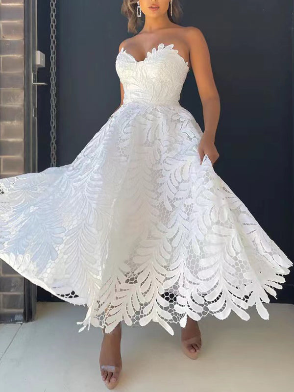 Woochic mi-longue robe bustier trapèze broderie anglaise dos nu sans manches élégant de fete