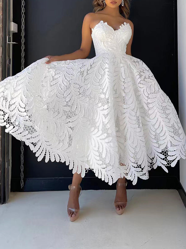 Woochic mi-longue robe bustier trapèze broderie anglaise dos nu sans manches élégant de fete