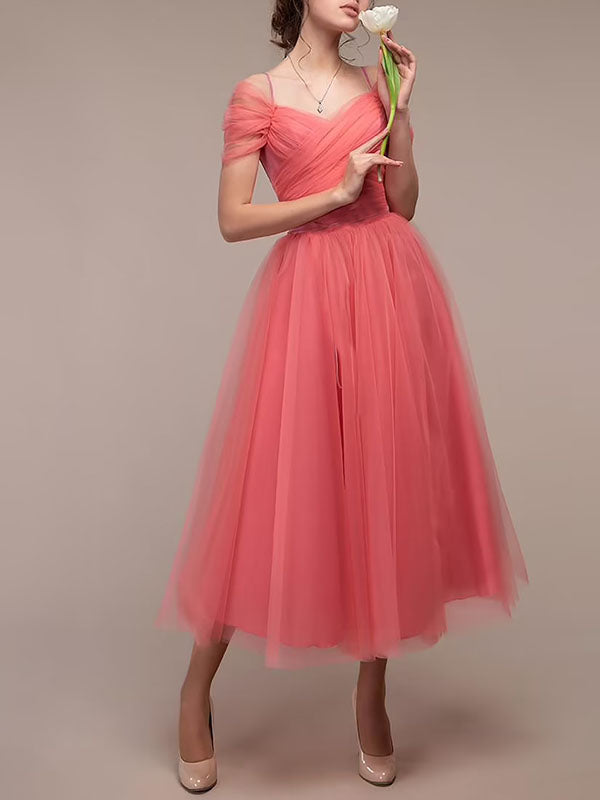 Woochic mi-longue robe demoiselle d'honneur tutu en tulle dos nu col bateau élégant invité mariage Rose S