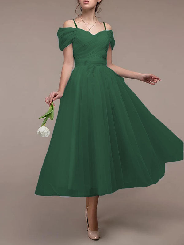Woochic mi-longue robe demoiselle d'honneur tutu en tulle dos nu col bateau élégant invité mariage Vert émeraude S