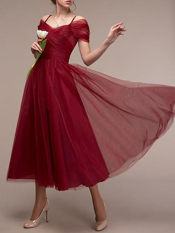 Woochic mi-longue robe demoiselle d'honneur tutu en tulle dos nu col bateau élégant invité mariage Bordeaux S