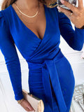 Woochic mi-longue robe fendu le côté ceinture plissé v-cou manches longues élégant de cocktail