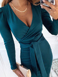 Woochic mi-longue robe fendu le côté ceinture plissé v-cou manches longues élégant de cocktail