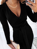 Woochic mi-longue robe fendu le côté ceinture plissé v-cou manches longues élégant de cocktail