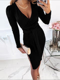 Woochic mi-longue robe fendu le côté ceinture plissé v-cou manches longues élégant de cocktail Noir S