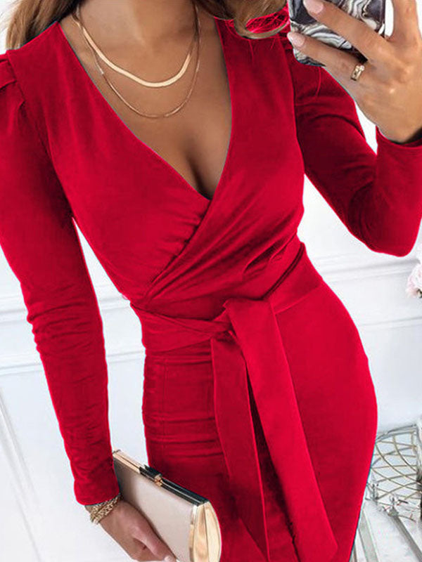Woochic mi-longue robe fendu le côté ceinture plissé v-cou manches longues élégant de cocktail