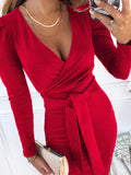 Woochic mi-longue robe fendu le côté ceinture plissé v-cou manches longues élégant de cocktail