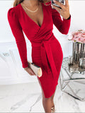 Woochic mi-longue robe fendu le côté ceinture plissé v-cou manches longues élégant de cocktail Rouge S