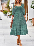 Woochic mi-longue robe imprimé à fleurie à volantée col carré bohème mode Vert S