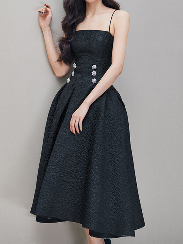 Woochic mi-longue robe jacquard avec strass à fines brides élégant soirée noir Noir XS