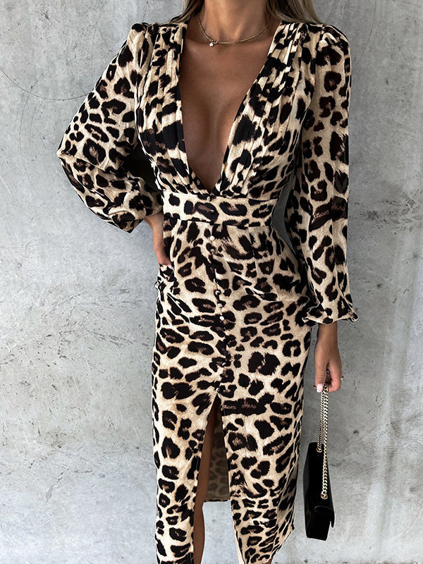 Woochic mi-longue robe léopard fendue cuisse décolleté plongeant manches bouffantes manches longues élégant de cocktail