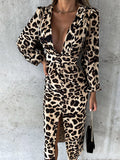 Woochic mi-longue robe léopard fendue cuisse décolleté plongeant manches bouffantes manches longues élégant de cocktail