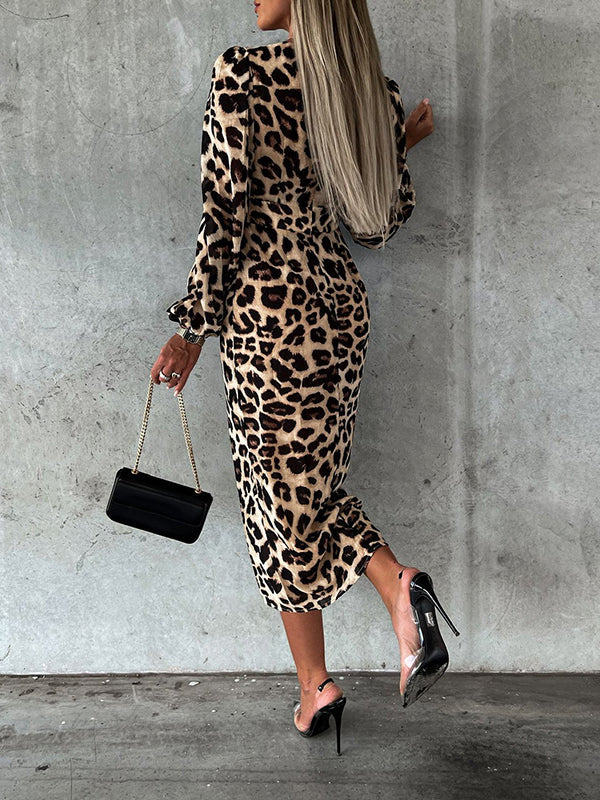 Woochic mi-longue robe léopard fendue cuisse décolleté plongeant manches bouffantes manches longues élégant de cocktail