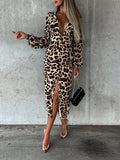 Woochic mi-longue robe léopard fendue cuisse décolleté plongeant manches bouffantes manches longues élégant de cocktail Khaki S