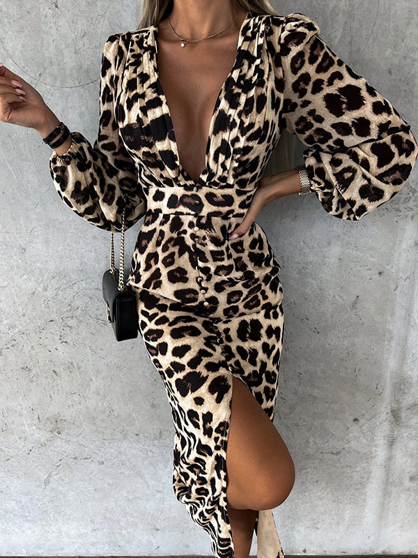Woochic mi-longue robe léopard fendue cuisse décolleté plongeant manches bouffantes manches longues élégant de cocktail