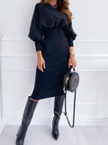 Woochic mi-longue robe moulante plissé col rond manches longues élégant sweater robe
