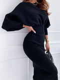 Woochic mi-longue robe moulante plissé col rond manches longues élégant sweater robe Noir S