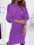 Woochic mi-longue robe moulante plissé col rond manches longues élégant sweater robe