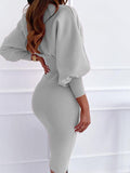 Woochic mi-longue robe moulante plissé col rond manches longues élégant sweater robe