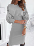 Woochic mi-longue robe moulante plissé col rond manches longues élégant sweater robe