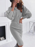 Woochic mi-longue robe moulante plissé col rond manches longues élégant sweater robe Gris S