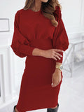 Woochic mi-longue robe moulante plissé col rond manches longues élégant sweater robe