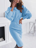 Woochic mi-longue robe moulante plissé col rond manches longues élégant sweater robe Bleu S