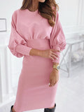 Woochic mi-longue robe moulante plissé col rond manches longues élégant sweater robe