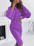 Woochic mi-longue robe moulante plissé col rond manches longues élégant sweater robe Violet S