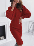 Woochic mi-longue robe moulante plissé col rond manches longues élégant sweater robe Bordeaux S