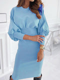 Woochic mi-longue robe moulante plissé col rond manches longues élégant sweater robe