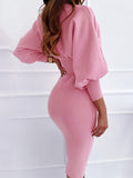Woochic mi-longue robe moulante plissé col rond manches longues élégant sweater robe