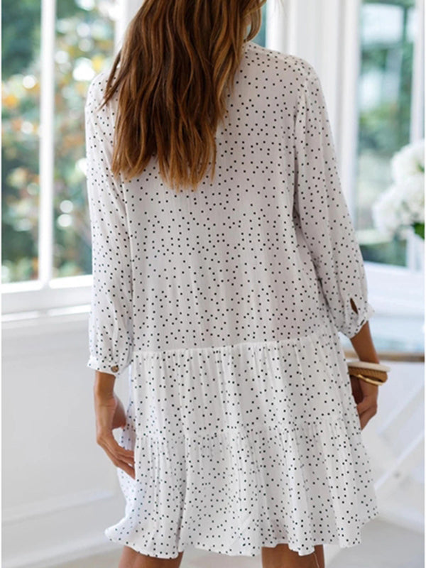 Woochic mi longue robe mousseline à pois boutonnage à volantée v-cou manches 3/4 bohème plage